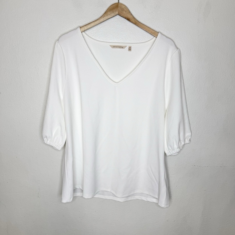 Soft Surroundings White Half Puff Sleeve V-neck Stretch Top Women's 2X